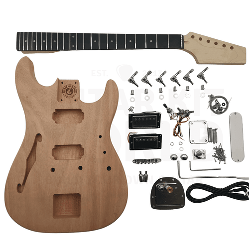 Semi-hollow double-cutaway contoured electric guitar kit, unassembled